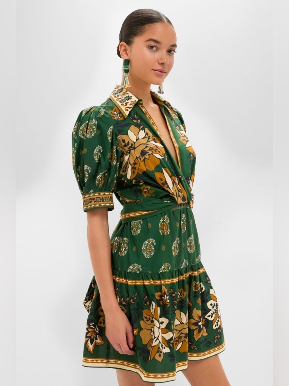 FARM Rio Green Floral Tie-Waist Mini Dress